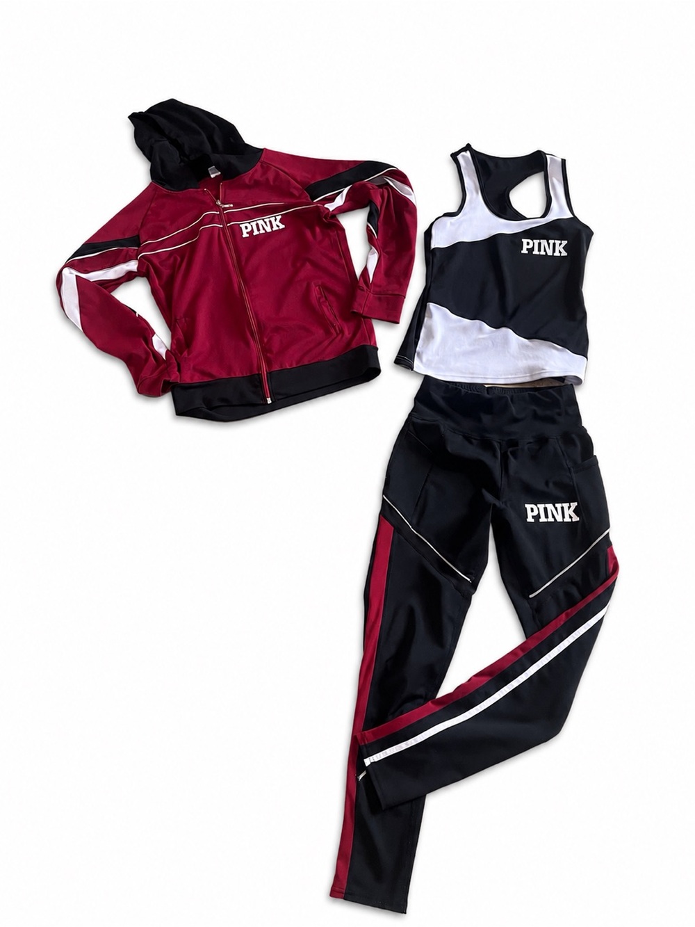 PINK Victoria's Secret Black & Burgundy athletic Track Pants with White Accents